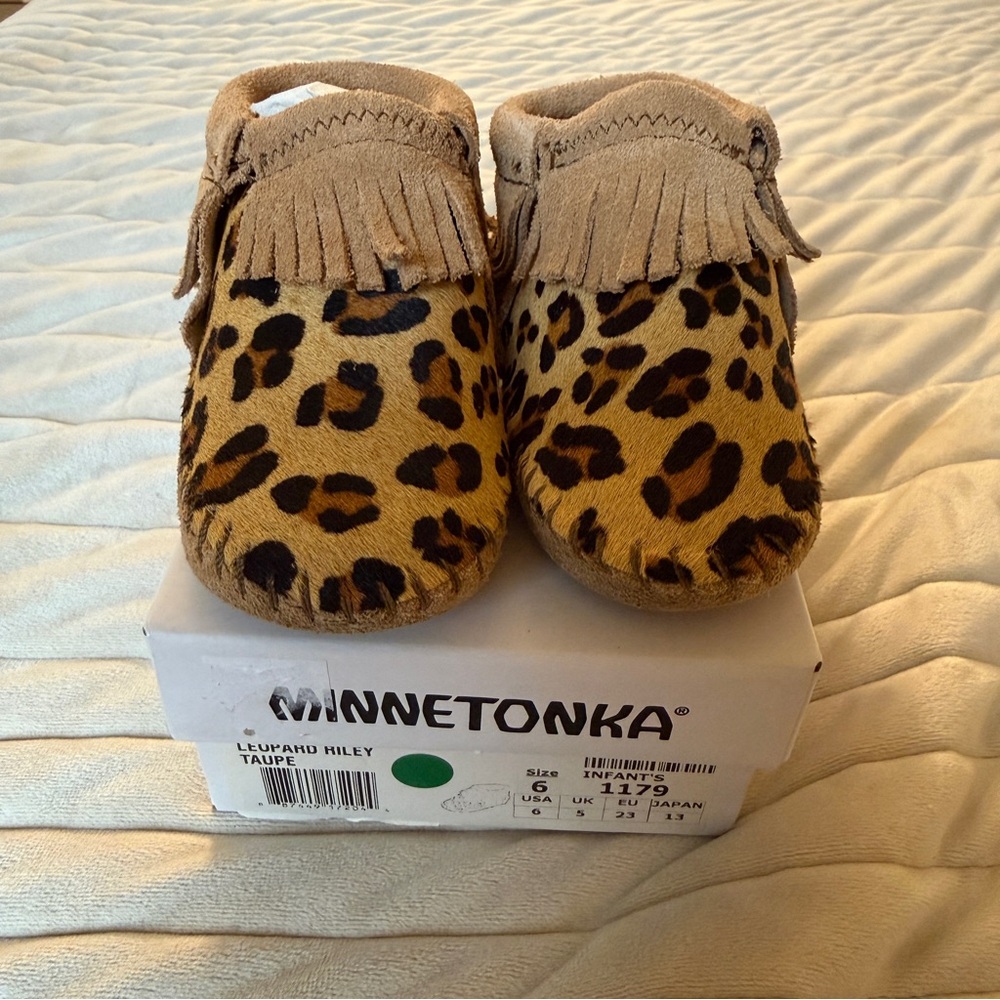 Minnetonka Taupe Leopard Baby Moccasins